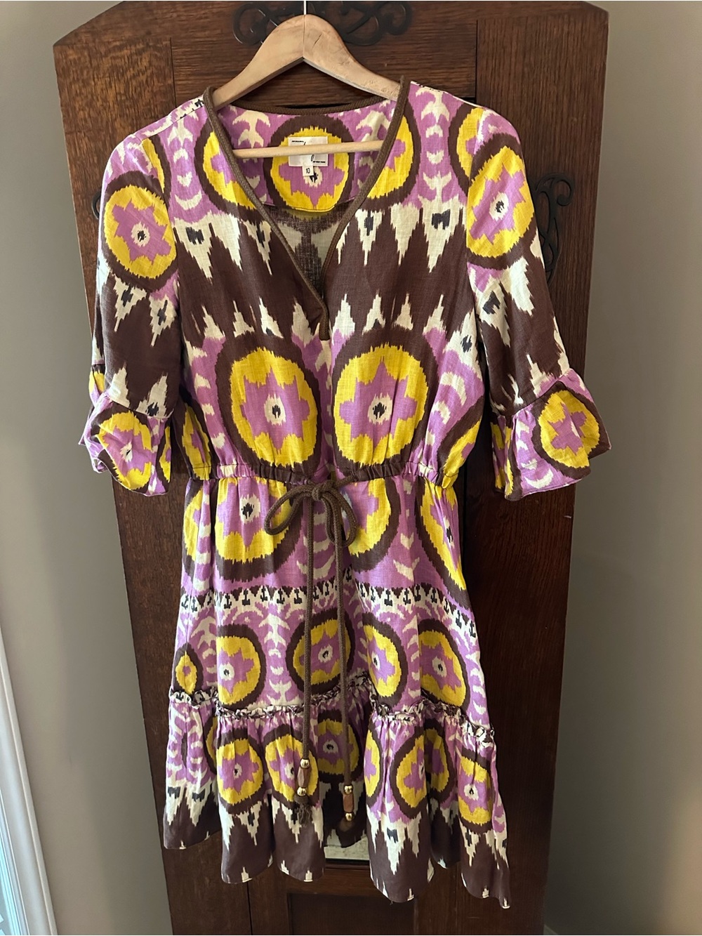 Vintage Milly Linen Ikat Boho Rope Tie-Waist V-Neck Midi Dress Size 10 Fall